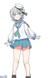  1girl aqua_neckerchief aqua_skirt blue_hair blue_sailor_collar dixie_cup_hat double_bun feet_out_of_frame hair_bun hat highres kantai_collection long_sleeves military_hat navy_cross neckerchief one-hour_drawing_challenge pleated_skirt robinson_(day_l_full) sailor_collar sailor_shirt samuel_b._roberts_(kancolle) school_uniform serafuku shirt short_hair simple_background skirt sleeve_cuffs solo twitter_username white_background white_hat white_shirt yellow_eyes 