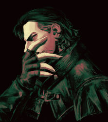  1boy black_background black_gloves black_hair black_jacket dettlaff_van_der_eretein fingerless_gloves fingernails gloves highres jacket looking_at_viewer nobodyknowwwwws sharp_fingernails simple_background solo the_witcher_(series) the_witcher_3 upper_body 