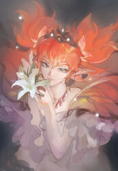  1other bib_oreo commentary_request dress earrings facial_mark fairy fairy_wings feo_ul final_fantasy final_fantasy_xiv flower grey_eyes highres holding holding_flower jewelry korean_commentary light_smile long_pointy_ears looking_at_viewer necklace orange_hair pixie_(ff14) pointy_ears short_hair short_twintails sketch solo tiara twintails upper_body wings 