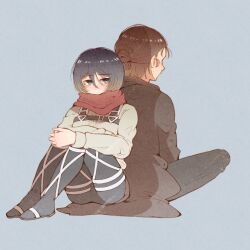  1boy 1girl back-to-back black_hair black_pantyhose breasts brown_coat brown_hair coat commentary_request eren_yeager full_body grey_background grey_eyes hair_between_eyes hair_bun half_updo highres hugging_own_legs light_blush long_sleeves ma_me_129 medium_breasts medium_hair mikasa_ackerman pantyhose red_scarf scar scar_on_cheek scar_on_face scarf shingeki_no_kyojin shirt short_hair sitting white_shirt 