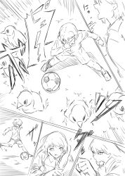  3girls ball bang_dream! bang_dream!_it's_mygo!!!!! bird chihaya_anon greyscale highres kanade_(kanade_3344) long_sleeves mole mole_under_eye monochrome multiple_girls penguin running shoes shorts soccer soccer_ball takamatsu_tomori 