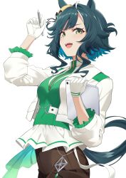 1girl animal_ears aqua_eyes aqua_tail arm_up black_shorts commentary_request drawing_tablet ears_through_headwear gloves green_vest hat highres holding holding_stylus holding_tablet_pc horse_ears horse_girl horse_tail jacket kagari_liroi kiseki_(miracle_author)_(umamusume) kiseki_(umamusume) looking_at_viewer multicolored_hair open_clothes open_jacket open_mouth short_hair shorts sidelocks simple_background smile solo streaked_hair stylus tablet_pc tail umamusume vest white_background white_gloves white_jacket white_streaks yellow_hat 