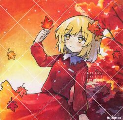  1girl aki_shizuha artist_name autumn_leaves blonde_hair closed_mouth commentary dated hair_ornament hashtag-only_commentary holding holding_leaf leaf leaf_hair_ornament long_sleeves maa_(forsythia1729) maple_leaf medium_hair red_shirt red_skirt shirt skirt smile solo touhou traditional_media watermark watermark_grid yellow_eyes 