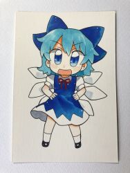  1girl bad_id bad_twitter_id black_shoes blue_bow blue_dress blue_eyes blue_hair bow chibi chibi_only cirno commentary detached_wings dress full_body hair_bow hands_on_own_hips highres ice ice_wings looking_at_viewer maa_(forsythia1729) neck_ribbon open_mouth photo_(medium) pinafore_dress puffy_short_sleeves puffy_sleeves red_ribbon ribbon shirt shoes short_sleeves sleeveless sleeveless_dress smile socks solo touhou traditional_media white_shirt white_socks wings 