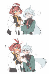  ! ... 2girls asticassia_school_uniform black_hairband blue_eyes blush closed_mouth commentary crossed_arms flying_sweatdrops green_jacket grey_hair gundam gundam_suisei_no_majo hairband hand_on_another's_waist heart heart_hands heart_hands_duo highres jacket long_hair miorine_rembran multiple_girls red_hair school_uniform shirop_imas simple_background spoken_ellipsis suletta_mercury thick_eyebrows white_background white_jacket yuri 