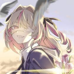  1girl arm_behind_back bird black_ribbon blazer blue_jacket blue_necktie blue_sailor_collar blurry blurry_foreground clouds collared_shirt colored_inner_hair commentary_request drill_hair evening eyepatch fang flower from_side grey_hair grin hair_intakes hair_ribbon highres holding holding_flower jacket lapels lens_flare long_hair looking_at_viewer makaino_ririmu medical_eyepatch monitoring_(vocaloid) multicolored_hair necktie nijisanji notched_lapels official_alternate_costume official_alternate_hairstyle onigiri_pumai open_clothes open_jacket pink_flower pink_hair pink_streaks pink_tulip pointy_ears portrait red_eyes ribbon sailor_collar school_uniform shirt sidelighting sidelocks sky smile solo standing streaked_hair sunset tulip two-tone_hair two_side_up virtual_youtuber white_shirt 