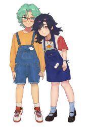  1boy 1girl artist_self-insert black_hair blue_eyes blush commentary cove_holden curtained_hair english_commentary facing_viewer flower full_body glasses green_hair head_tilt highres holding holding_flower jewelry kozmoraven1610 leaning_to_the_side looking_at_viewer main_character_(our_life) necklace oc_x_canon our_life our_life:_beginnings_and_always poppy_(flower) red_eyes red_sleeves shirt shoes short_hair smile sneakers standing suspenders sweater variant_set white_shirt yellow_sweater 