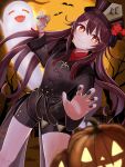 1girl 1other bat_(animal) bike_shorts black_hair boo_tao_(genshin_impact) brown_hair coat forest genshin_impact ghost halloween hat hu_tao_(genshin_impact) human long_hair maarin_(59567861) mihoyo_technology_(shanghai)_co._ltd. monster moon moonlight night night_sky pumpkin red_eyes tree twintails