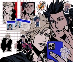  2boys ball bandaid bandaid_on_cheek bandaid_on_face baseball_(object) baseball_bat baseball_jersey black_hair black_jacket black_pantyhose black_shoes blonde_hair blue_eyes blue_shirt breasts cellphone chibi chibi_inset closed_mouth cloud_strife cloud_strife_(midgard_seventh_high_school) collared_shirt commentary_request final_fantasy final_fantasy_vii final_fantasy_vii:_ever_crisis full_body furrowed_brow gakuran grid_background hair_between_eyes hand_in_own_hair highres holding holding_baseball_bat holding_phone ht8207 id_card jacket jersey male_focus multiple_boys official_alternate_costume open_mouth pantyhose parted_lips phone school_uniform shirt shoes sideboob smartphone smile spiky_hair squatting upper_body v white_shirt zack_fair zack_fair_(midgard_seventh_high_school) 