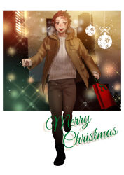  1boy :d alternate_costume bag black_boots blush boots breath brown_hair brown_jacket brown_pants building christmas commentary_request contemporary earrings english_text full_body hashimoto_(yanagi-momo) holding holding_bag hood hood_down hooded_jacket jacket jewelry kamado_tanjirou kimetsu_no_yaiba light_particles long_sleeves looking_at_viewer male_focus merry_christmas night open_clothes open_jacket open_mouth outdoors pants red_eyes red_hair ribbed_sweater running scar scar_on_face scar_on_forehead shopping_bag short_hair smile snow snowing solo sparkle sweater turtleneck turtleneck_sweater walking white_sweater winter_clothes 