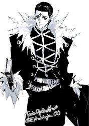  1boy artist_name belt book chrollo_lucilfer coat cowboy_shot cross_tattoo earrings facial_tattoo fur-trimmed_coat fur_trim greyscale hair_slicked_back hand_up highres holding holding_book hunter_x_hunter jewelry long_coat long_sleeves looking_at_viewer male_focus monochrome ogata_tomio shirt short_hair smile solo standing tattoo twitter_username 