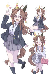  1girl absurdres ahoge alternate_costume animal_ears black_jacket black_shoes black_socks blush brown_hair commentary_request copano_rickey_(umamusume) double_bun fang grey_skirt hair_between_eyes hair_bun hair_intakes hair_ornament hand_up highres horse_ears horse_girl horse_tail jacket kneehighs loafers long_hair long_sleeves looking_at_viewer mismatched_ear_covers multicolored_hair nazmocha open_clothes open_jacket open_mouth pleated_skirt red_eyes shirt shoes simple_background sitting skin_fang skirt smile socks standing standing_on_one_leg star_(symbol) streaked_hair tail tassel tassel_hair_ornament umamusume white_background white_hair white_shirt white_streaks 