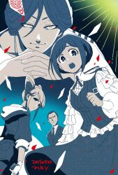  2boys 2girls absurdres artist_name black_eyes blonde_hair blue_hair blue_jacket blue_necktie blue_pants blue_skirt blue_vest center_frills closed_mouth collared_shirt cone_hair_bun dated double_bun falling_petals frilled_shirt frills fukurai_azami gloves hair_between_eyes hair_bun highres holding holding_phone hood hood_down hoodie interlocked_fingers jacket jasmine_(toshi_densetsu_kaitai_center) looking_at_viewer looking_back may_pinya meguriya_ayumu multiple_boys multiple_girls necktie open_mouth own_hands_together pants partially_fingerless_gloves petals phone puffy_sleeves red_petals shirt short_hair skirt sleeves_rolled_up smile standing suit suit_jacket teeth tomiiri_junzo toshi_densetsu_kaitai_center upper_teeth_only vest watermark white_eyes white_gloves white_shirt 