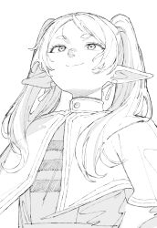  1girl capelet closed_mouth commentary_request earrings elf floating_earrings frieren from_below greyscale hands_on_own_hips highres jewelry long_hair long_sleeves looking_up mdoctkscb meme monochrome parted_bangs pointy_ears simple_background sketch smile smirk smug solo sousou_no_frieren teardrop_earrings twintails upward_angle_frieren_drawing_(meme) white_background 