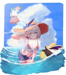 1girl absurdres arm_up bikini blue_eyes blue_sky cloud commentary commission english_commentary feathers fujiwarahivida hair_ornament hairclip hand_on_leg hand_on_own_leg hand_up hat hat_feather hat_ribbon highres honkai:_star_rail honkai_(series) leaning_forward numby_(honkai:_star_rail) open_mouth red_hair see-through see-through_clothes self-upload short_hair short_shorts shorts smile standing straw_hat teeth thigh_strap topaz_(honkai:_star_rail) trotter_(honkai:_star_rail) two-tone_hair unbuttoned v water wet white_hair wide_brim