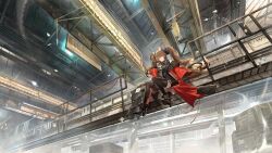  1girl :3 angelina_(arknights) animal_ear_fluff animal_ears arknights arknights:_endfield ashukapeka bare_shoulders belt black_boots black_gloves black_thighhighs boots bracelet breasts brown_hair coat colored_inner_animal_ears commentary_request crate dangling dot_nose dress elbow_gloves factory fold-over_boots fox_ears fox_girl from_below full_body gilberta_(arknights) gloves grey_dress headpiece high_belt high_collar highres hook indoors infection_monitor_(arknights) jewelry korean_commentary long_hair long_sleeves looking_at_viewer open_clothes open_coat red_coat red_eyes scenery sign sitting sleeveless sleeveless_dress small_breasts solo thigh-highs truss twintails wide_sleeves zettai_ryouiki 