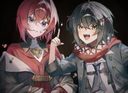  1boy 1girl :d ange_katrina ange_katrina_(1st_costume) black_background black_coat black_hair black_jacket blue_eyes blue_necktie blush brown_nails cardigan chest_harness coat crossed_bangs grin hair_between_eyes hair_ornament hand_up harness hashtag-only_commentary highres index_finger_raised inha_chupi jacket looking_at_viewer mashiro_meme mashiro_meme_(1st_costume) medium_hair multicolored_eyes nail_polish necktie nijisanji nose_blush off_shoulder open_mouth red_cardigan red_hair red_scarf safety_pin_hair_ornament scarf shirt simple_background smile sparkle square-end_necktie sweatdrop teeth three-quarter_sleeves triangle_hair_ornament two-tone_eyes upper_teeth_only violet_eyes virtual_youtuber white_shirt yellow_eyes 