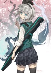  1girl absurdres adapted_costume artist_name bandaid bandaid_on_face bandaid_on_nose black_skirt black_thighhighs cherry_blossoms commentary_request falling_petals green_eyes green_sweater_vest grey_hair hairband highres hitodama konpaku_youmu konpaku_youmu_(ghost) looking_at_viewer looking_back petals pink_petals plaid_clothes plaid_skirt scar school_uniform shimiya_jin shirt skirt sleeves_rolled_up solo sweater_vest thigh-highs touhou tree white_shirt 