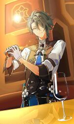 1boy argos_(silver_palace) black_vest blue_eyes blue_necktie cocktail_shaker counter cup drinking_glass elizabeth_chaahan gloves green_hair hair_over_one_eye hands_up highres holding holding_cocktail_shaker indoors male_focus necktie one_eye_covered reflective_surface shirt silver_palace solo upper_body vest white_gloves white_shirt 
