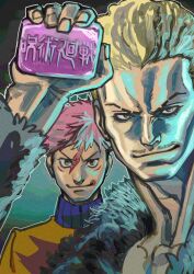  2boys absurdres bar_soap blonde_hair copyright_name eyebrow_cut facial_hair fight_club fur-trimmed_collar fur-trimmed_jacket fur_trim hakari_kinji hand_up highres holding_soap itadori_yuuji jacket jujutsu_kaisen long_sleeves looking_at_viewer male_focus movie_poster_(medium) multiple_boys mustache mustache_stubble pink_hair portrait poster_parody scar scar_on_cheek scar_on_face short_hair smile spiky_hair stubble sweater trope_art turtleneck turtleneck_sweater v-shaped_eyebrows yellow_sweater 