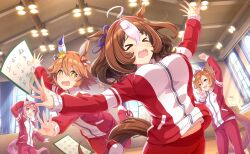  >_< +_+ ahoge animal_ear_piercing animal_ears artist_request blue_ribbon breasts brown_eyes brown_hair cheering clover_hair_ornament clumsy crest crown curtains day ear_covers ear_ribbon fist_pump four-leaf_clover_hair_ornament game_cg gym hair_between_eyes hair_ornament hairband hand_on_own_cheek hand_on_own_face hand_on_own_head happy haru_urara_(umamusume) horse_ears horse_girl horse_tail indoors jacket karuta_(card_game) large_breasts leg_up light_rays long_sleeves looking_at_another loose_hair_strand matikanefukukitaru_(umamusume) medium_hair meisho_doto_(umamusume) midriff_peek mini_crown multicolored_hair multicolored_jacket multiple_piercings navel official_art orange_hair outstretched_arm pants pink_crown pink_eyes pink_hair pink_hairband pocket ponytail purple_ribbon railing red_pants ribbon shide shoes short_hair single_ear_cover sneakers sparkling_eyes spotlight streaked_hair sweatpants t.m._opera_o_(umamusume) tail tareme third-party_source track_jacket tripping tsurime two-tone_jacket umamusume violet_eyes white_shoes window wooden_floor zipper 