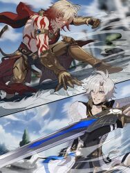  2boys antenna_hair arm_tattoo armlet armor armored_boots black_choker black_coat black_pants black_shirt blonde_hair blue_eyes boots braid cape chest_tattoo choker clawed_gauntlets coat commentary dawnmaker_(honkai:_star_rail) earrings english_commentary facial_tattoo gold_earrings gold_necklace gradient_hair highres holding holding_sword holding_weapon honkai:_star_rail honkai_(series) jewelry male_focus medium_hair multicolored_hair multiple_boys mydei_(honkai:_star_rail) neck_tattoo necklace open_clothes open_coat pants parted_bangs pauldrons phainon_(honkai:_star_rail) red_cape red_hair red_tattoo ruuhlid shirt short_hair shoulder_armor side_braid side_cape single_pauldron sun_symbol sun_tattoo sword tattoo weapon white_coat white_hair yellow_eyes 
