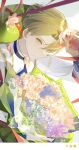  1boy alfred_(fire_emblem) blonde_hair bouquet closed_mouth fire_emblem fire_emblem_engage flower green_eyes hair_over_one_eye highres holding holding_bouquet long_sleeves looking_at_viewer male_focus short_hair solo white_background xun_32 