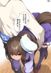  1boy 1girl :i :t absurdres admire_vega_(umamusume) animal_ears black_hair blush carrying carrying_person commentary_request hair_between_eyes hat hibiki_(zerocodo) highres horse_ears horse_tail long_hair ponytail pout school_uniform simple_background tail take_it_home thigh-highs tracen_school_uniform trainer_(umamusume) translation_request umamusume white_background 