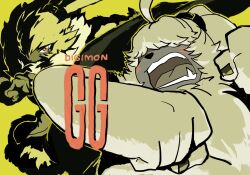  2boys angoramon body_fur clenched_hands commentary_request digimon digimon_(creature) english_text fighting_stance floppy_ears furry furry_male gloves hair_over_eyes highres kicking male_focus multiple_boys neck_fur occccocccc orange_eyes rabbit_boy simple_background symbareangoramon tied_ears yellow_background yellow_fur yellow_theme 