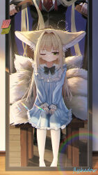  1boy 2girls absurdres animal_ears arknights blonde_hair blue_dress brushing_another's_hair brushing_hair chinese_commentary commentary_request dress flyshadow fox_ears fox_girl fox_tail frills green_eyes hair_brush highres kitsune long_hair long_sleeves mother_and_daughter multiple_girls multiple_tails one_eye_closed sitting suzuran_(arknights) tail vulpisfoglia_(arknights) 