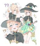  1girl @_@ aqua_eyes blonde_hair blush cape daizu_8432 dress fangs gloves green_dress hat hololive kazama_iroha ponytail smile sparkle virtual_youtuber white_background white_gloves witch witch_hat 