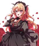  1girl asgykk black_dress black_hairband blonde_hair dress fangs flower hairband highres hoshino_ruby jewelry long_hair necklace open_mouth oshi_no_ko pink_eyes rose smile solo star-shaped_pupils star_(symbol) symbol-shaped_pupils 