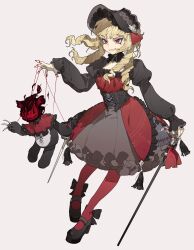  1girl absurdres blonde_hair blonde_ojousama_(sagix) bonnet cane commission dress drill_hair full_body gothic_lolita highres lolita_fashion long_hair original pantyhose pixiv_commission puppet_strings red_eyes red_pantyhose shimiya_jin smile solo stuffed_animal stuffed_toy teddy_bear 