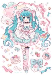  1girl :d ahoge artist_name asymmetrical_legwear balloon bare_shoulders beamed_sixteenth_notes blue_bow blue_bowtie blue_eyes blue_hair blue_shoes blue_socks blueberry bow bowtie box cake cake_hair_ornament cake_slice character_name checkerboard_cookie commentary cookie crepe dress eighth_note english_commentary food food-themed_hair_ornament frilled_dress frilled_gloves frills fruit full_body gift gift_box gloves hair_bow hair_ornament hands_up hat hatsune_miku heart_balloon highres kneehighs leg_warmers long_hair looking_at_viewer mismatched_legwear musical_note musical_note_hair_ornament off-shoulder_dress off_shoulder open_mouth outline pink_leg_warmers pink_outline pink_ribbon pink_thighhighs polka_dot polka_dot_ribbon ribbon shoes simple_background single_kneehigh single_leg_warmer single_sock single_thighhigh smile socks solo standing strawberry streamers striped_bow striped_clothes striped_socks striped_thighhighs thigh-highs twintails uneven_legwear vocaloid white_background white_bow white_dress white_gloves white_hat yukomeow 