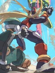  3boys absurdres armor battle blonde_hair commentary_request energy_sword forehead_jewel from_behind green_armor green_eyes green_helmet helmet highres holding holding_sword holding_weapon long_hair male_focus mega_man_(series) mega_man_zero_(series) mega_man_zero_1 midair multiple_boys omochi_(mochi_skymega) red_armor red_helmet sage_harpuia_(mega_man) standing sword weapon z_saber zero(z)_(mega_man) zero_(mega_man) 