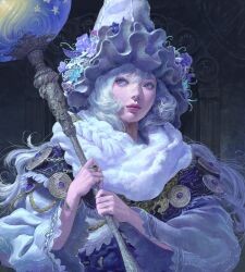  1girl arch blue_theme bracelet capelet commentary crystal_ball embroidery english_commentary face_chain fantasy flower_ornament hat heo_sung-moo highres holding holding_staff indoors jewelry lips long_hair long_sleeves mage_staff medal original painterly puffy_collar puffy_long_sleeves puffy_sleeves ring robe solo staff temple upper_body violet_eyes wavy_hair white_hair witch_hat wizard wizard_hat 