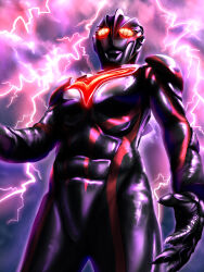  1boy absurdres alien black_skin color_timer colored_skin commentary_request dark_zagi from_below giant glowing glowing_eyes highres lightning multicolored_skin muscular muscular_male red_eyes red_skin solo tokusatsu ultra_series ultraman_nexus_(series) yoshifuto 