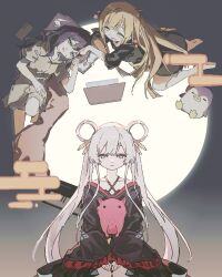  3girls :d bare_shoulders black_kimono black_shirt blonde_hair blue_eyes cho_kaguya-hime! closed_eyes closed_mouth computer egasumi eyeshadow frilled_kimono frills hair_ornament hair_rings hair_stick highres japanese_clothes ju_wu_niang_tunshi_zhe kaguya_(cho_kaguya-hime!) kimono laptop long_hair long_sleeves lying makeup moon multiple_girls octopus on_back on_stomach pajamas pillow purple_hair red_eyeshadow runami_yachiyo sakayori_iroha shirt sitting smile stuffed_animal stuffed_penguin stuffed_toy twintails white_hair 