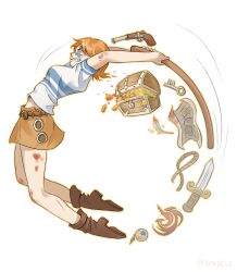  1girl absurdres arms_up artist_name belt boots breasts brown_boots bruise bruise_on_arm bruise_on_leg english_commentary from_side full_body gun highres holding holding_staff injury key knife map medium_breasts midriff_peek miniskirt motion_lines nami_(one_piece) nondrea one_piece orange_hair parted_lips profile rope shirt short_hair short_sleeves simple_background skirt solo staff tears treasure_chest weapon white_background white_shirt yellow_skirt 
