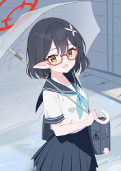  1girl :d absurdres abydos_high_school_logo alternate_costume ayane_(blue_archive) baozi_9527 black_hair blue_archive blue_sailor_collar blue_skirt blush braid collarbone commentary crown_braid doodle_sensei_(blue_archive) drainage_cover grey_bag hair_ornament halo highres holding holding_umbrella looking_at_viewer open_mouth outdoors pleated_skirt pointy_ears red_halo road sailor_collar sensei_(blue_archive) shirt short_hair skirt smile solo umbrella white_shirt yellow_eyes 