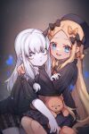  2girls abigail_williams_(fate) bags_under_eyes black_bow black_dress blonde_hair blue_eyes bow breasts bug butterfly dress fate/grand_order fate_(series) forehead hair_bow highres horns lavinia_whateley_(fate) long_hair long_sleeves looking_at_viewer miya_(miyaruta) multiple_girls multiple_hair_bows open_mouth orange_bow pale_skin parted_bangs ribbed_dress sidelocks single_horn small_breasts smile stuffed_animal stuffed_toy teddy_bear violet_eyes white_hair wide-eyed 