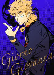  1boy 1other absurdres black_jacket blonde_hair blue_background blue_eyes braid braided_ponytail character_name commentary dated earrings giorno_giovanna gold_experience_requiem highres jacket jewelry jojo_no_kimyou_na_bouken ladybug_brooch long_hair long_sleeves looking_at_viewer male_focus parted_lips polka_dot polka_dot_background signature silhouette single_braid solo ssyoukyo_sori stud_earrings vento_aureo 