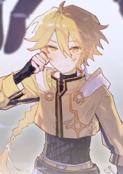  1boy aether_(genshin_impact) ahoge alternate_costume alternate_universe artist_name belt black_belt black_gloves black_sweater blonde_hair blurry blurry_foreground braid bright_pupils clenched_hand closed_mouth commentary earrings english_commentary fingerless_gloves genshin_impact gloves hair_between_eyes hair_ribbon hair_tubes hand_up highres holding holding_wrench hood hooded_jacket jacket jewelry long_hair long_sleeves looking_at_viewer low-braided_long_hair low-tied_long_hair male_focus puffy_long_sleeves puffy_sleeves ribbon single_braid single_earring single_hair_tube smile solo sweater turtleneck turtleneck_sweater white_hood white_pupils white_ribbon wrench yaginori yellow_eyes yellow_jacket 