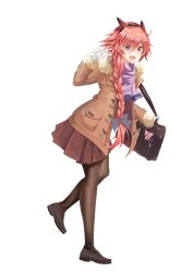  1boy absurdres androgynous astolfo_(fate) bag bag_bow black_bow bow braid brown_coat brown_pantyhose brown_shoes cloak coat commentary_request fang fate/apocrypha fate/grand_order fate_(series) full_body fur-trimmed_coat fur_trim hair_bow hair_intakes highres husun_wei long_hair male_focus multicolored_hair multiple_hair_bows open_mouth pantyhose pink_hair pink_scarf pleated_skirt scarf shoes shoulder_bag single_braid skin_fang skirt smile solo streaked_hair transparent_background v violet_eyes white_cloak white_hair 