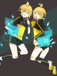 1boy 1girl ahoge bandaid bandaid_on_face bandaid_on_knee bandaid_on_leg bandaid_on_nose black_background black_buruma black_jacket black_shorts blonde_hair blowing_bubble_gum blue_eyes buruma chewing_gum commentary_request earphones facial_mark heads-up_display highres jacket kagamine_len kagamine_rin key271 long_sleeves looking_at_viewer multicolored_jacket neckerchief open_mouth shoes short_hair shorts star_(symbol) star_facial_mark stylish_energy_(module) two-tone_jacket user_interface vocaloid wire wrist_cuffs yellow_jacket yellow_neckerchief yellow_shoes