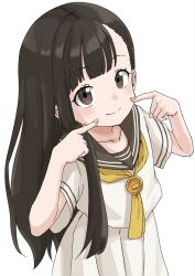  1girl black_hair black_sailor_collar blush brown_eyes closed_mouth dress finger_to_cheek hair_around_ear henfrey14 highres long_hair looking_at_viewer make_heroine_ga_oo_sugiru! momozono_junior_high_school_uniform neckerchief nukumizu_kaju sailor_collar sailor_dress school_uniform smile solo summer_uniform white_background yellow_neckerchief 