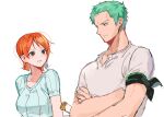  1boy armband bad_id bad_twitter_id blue_shirt brown_eyes commentary_request crossed_arms earrings green_armband green_hair jewelry joman katana korean_commentary looking_at_another loose_hair_strand nami_(one_piece) one_piece orange_hair roronoa_zoro shirt short_hair short_sleeves simple_background striped striped_shirt sword vertical-striped_shirt vertical_stripes weapon white_background white_shirt 