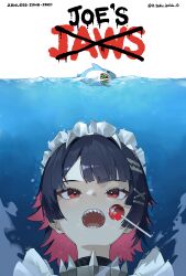  1girl absurdres artist_name bangboo_(zenless_zone_zero) black_hair candy colored_inner_hair commentary_request copyright_name ellen_joe food hair_ornament highres jaws_(movie) korean_commentary lollipop maid_headdress medium_hair movie_poster_(medium) multicolored_hair open_mouth parody poster_parody pun red_eyes red_hair revision sharkboo_(zenless_zone_zero) sharp_teeth signature solo swimming t3ku teeth twitter_username underwater zenless_zone_zero 