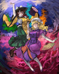  2girls absurdres arm_up black_hat blonde_hair blue_background boots bow breasts brown_boots brown_eyes brown_hair collared_shirt commentary_request cosplay dress drum folding_fan gonglijeongli green_skirt hand_fan hat hat_bow highres instrument large_breasts long_hair maribel_hearn matara_okina matara_okina_(cosplay) mob_cap multiple_girls necktie open_mouth outstretched_arms pleated_skirt purple_dress purple_shoes purple_tabard reaching reaching_towards_another red_background red_necktie red_ribbon ribbon shirt shoes short_sleeves skirt smile socks tabard touhou twitter_username two-tone_background usami_renko white_bow white_hat white_shirt white_socks yakumo_yukari yakumo_yukari_(cosplay) yellow_eyes yellow_tabard 