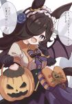  1girl :d animal_ears bat_wings black_gloves black_hairband blue_flower blue_rose blush bow breasts brown_hair commentary_request ear_ornament fangs flower frilled_hairband frills gloves hair_flower hair_ornament hair_over_one_eye hairband halloween halloween_bucket highres holding horse_ears horse_girl looking_at_viewer medium_breasts official_alternate_costume orange_bow puffy_short_sleeves puffy_sleeves purple_skirt purple_wings rice_shower_(make_up_vampire!)_(umamusume) rice_shower_(umamusume) rose shirt short_sleeves skirt smile solo striped striped_bow sunanuko_(ramuneko) translation_request umamusume violet_eyes white_shirt wings 